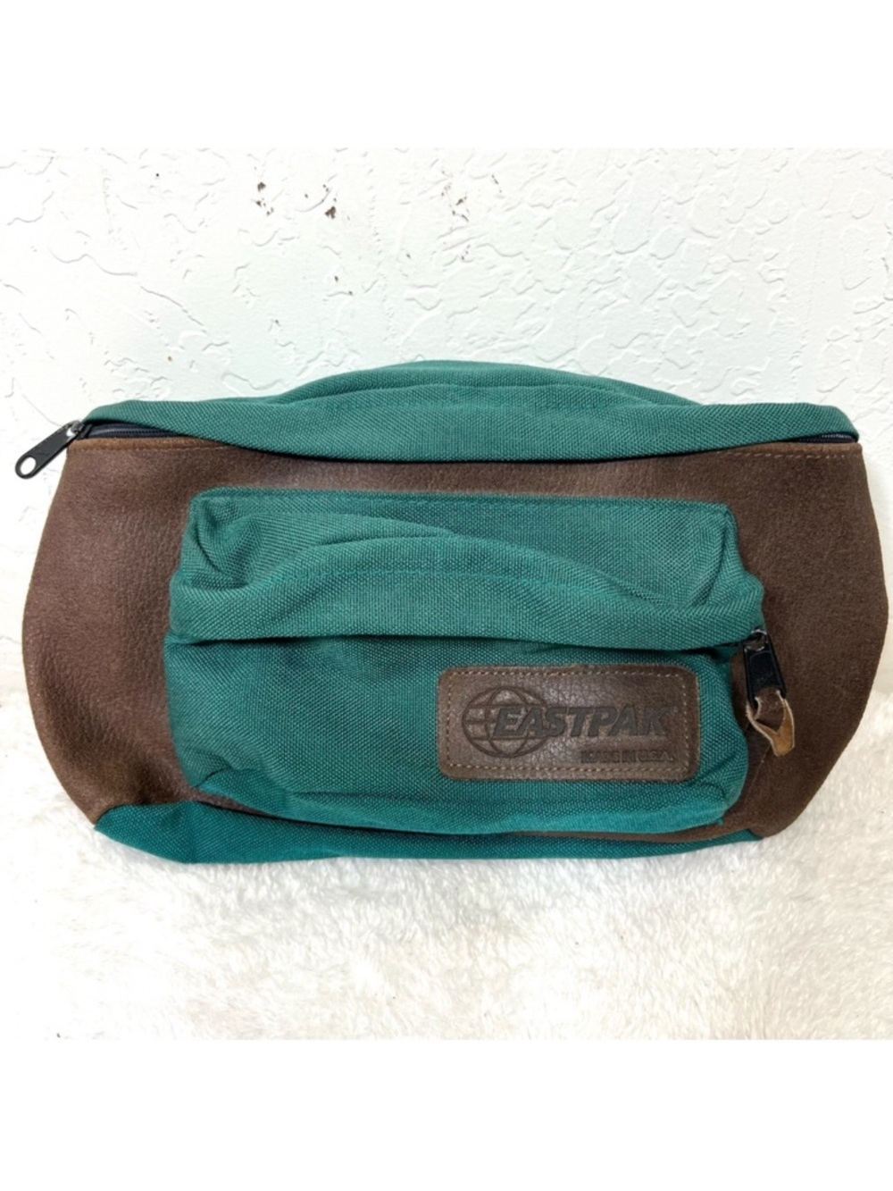 Vintage 90’s Eastpak Green Brown Hiking Fanny Pack Belt Bag Leather Canvas